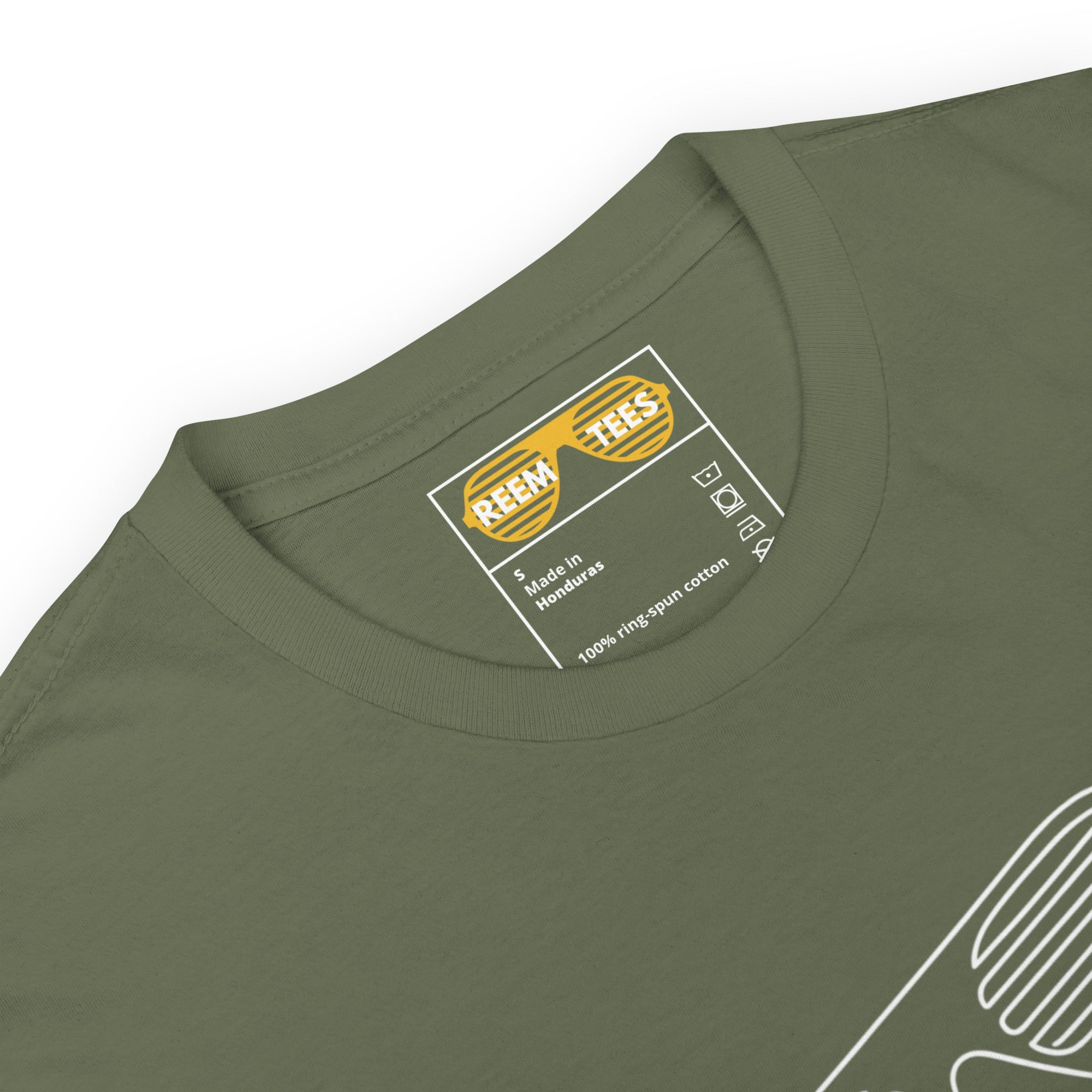 Unisex military green short-sleeve t-shirt featuring Reem Tees line art light logo design.
