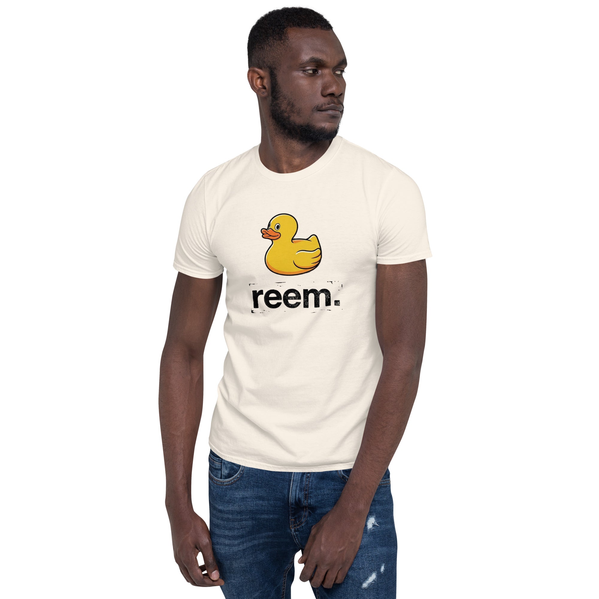 Unisex softstyle tee in natural color featuring Ducks Are Reem dark logo from Reem Tees, front view.