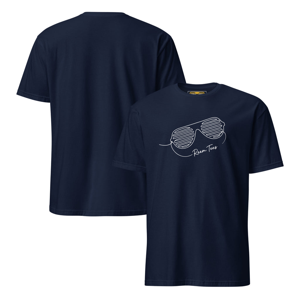 Navy unisex short-sleeve t-shirt featuring Reem Tees light line art logo on front and back.