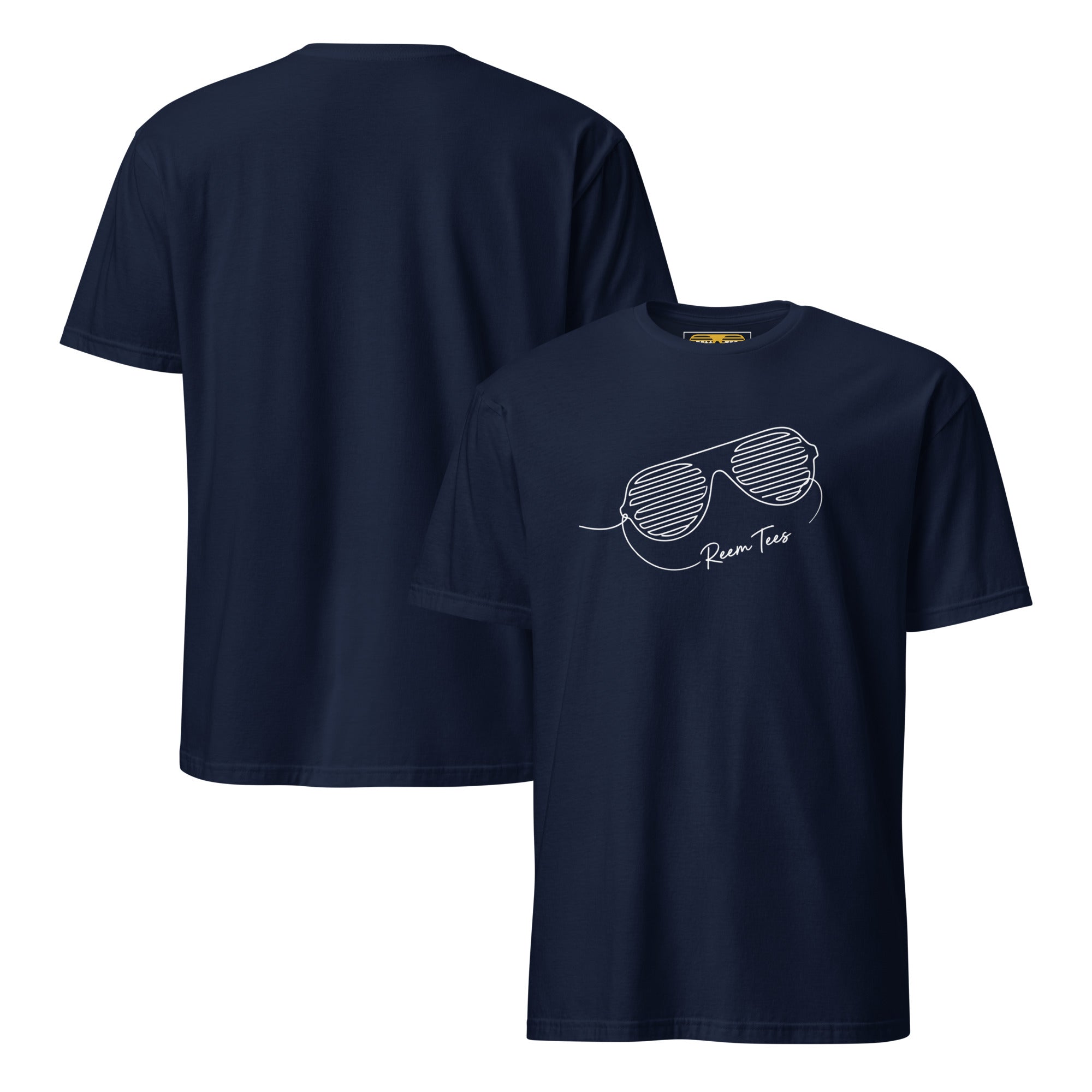 Navy unisex short-sleeve t-shirt featuring Reem Tees light line art logo on front and back.