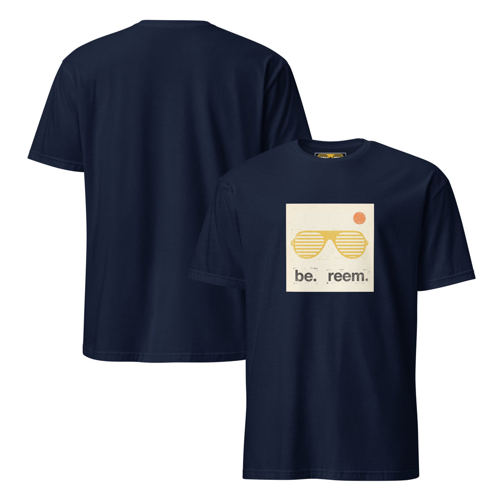 Navy unisex Be Reem Eniko Eged CLASSIC tee featuring front and back views of softstyle fabric.
