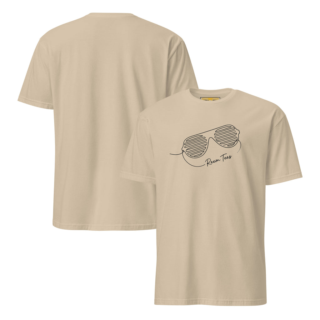 Unisex classic tee in sand featuring Be Reem line art dark logo, front and back view of softstyle shirt.