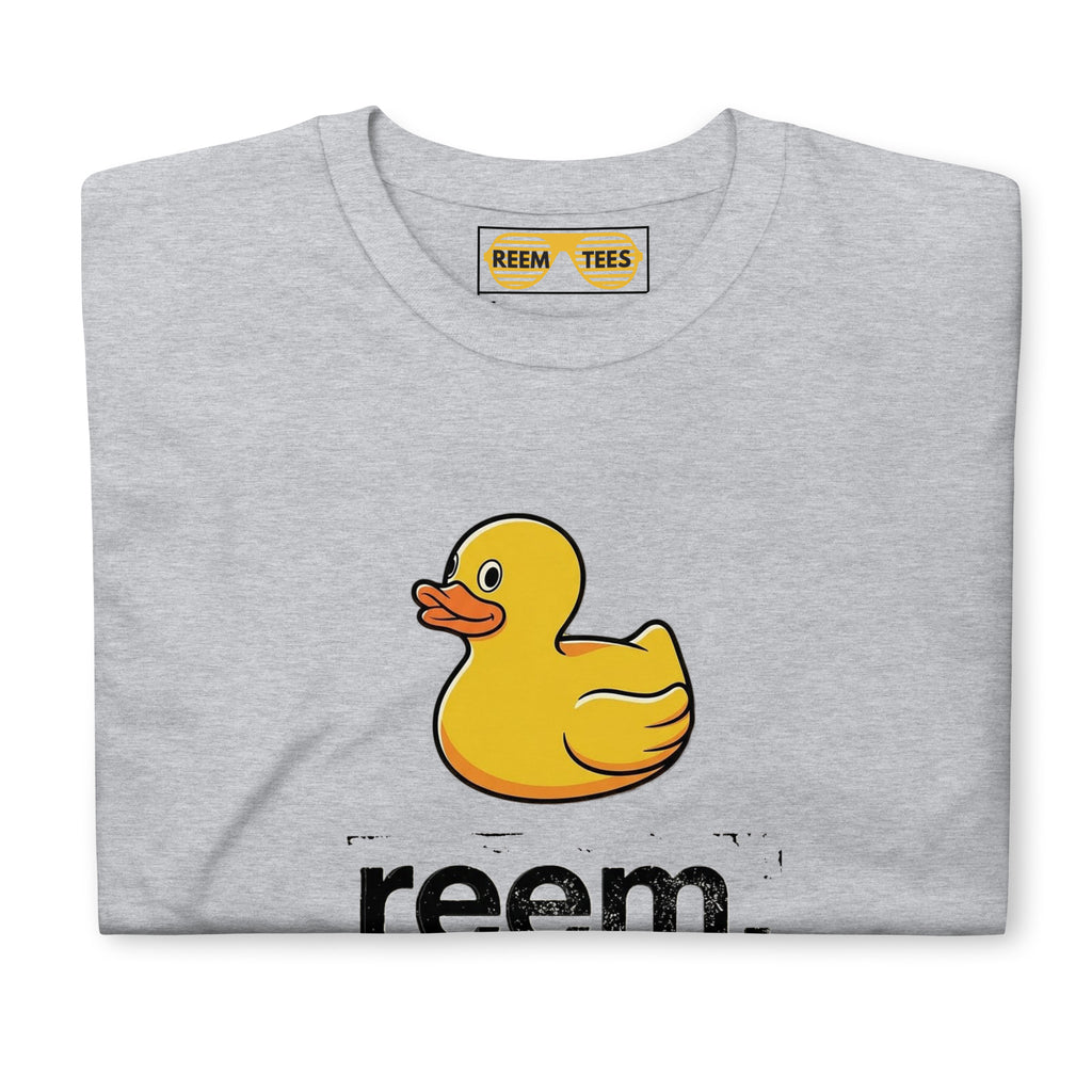 Sport grey unisex tee featuring the Ducks Are Reem dark logo from Reem Tees, displayed front view on a plain background.