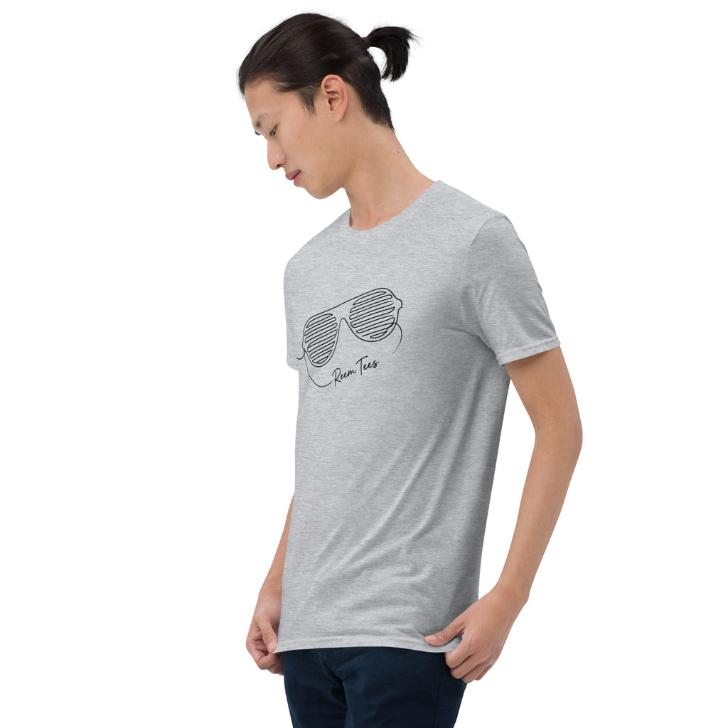 Unisex classic softstyle tee in sport grey featuring Be Reem line art dark logo from Reem Tees, shown from the left front.