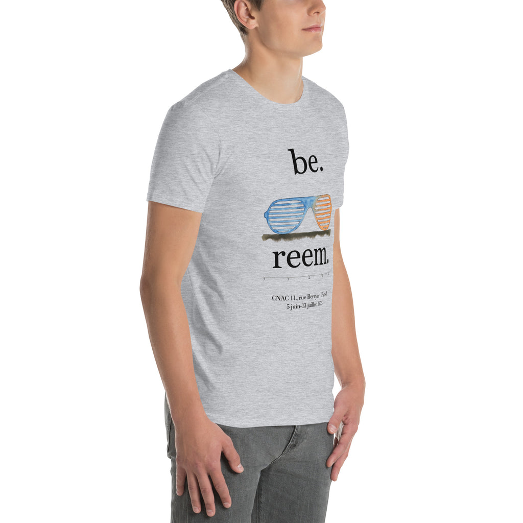 Dark logo short-sleeve unisex t-shirt in sport grey by Reem Tees, featuring a relaxed fit and soft fabric.