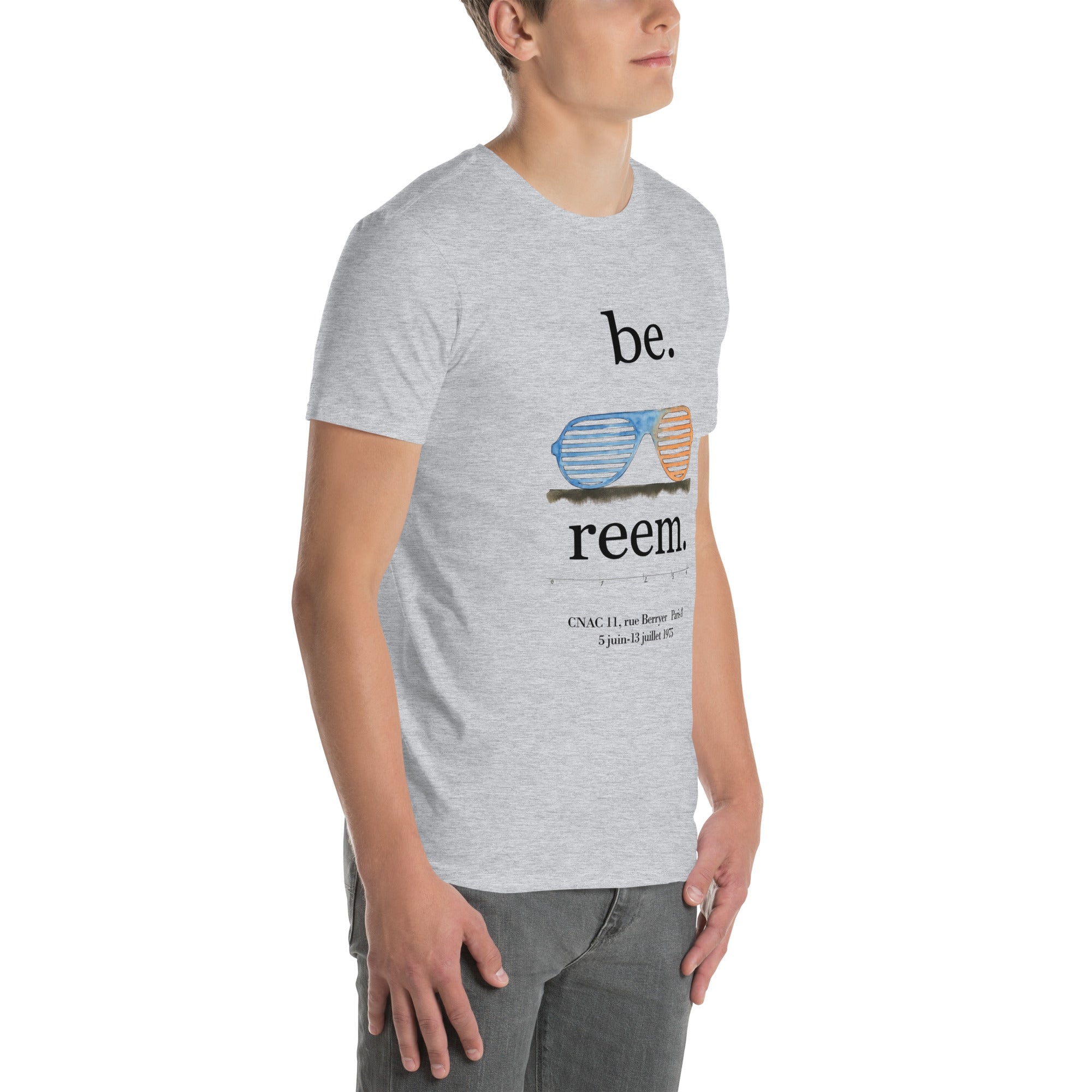 Dark logo short-sleeve unisex t-shirt in sport grey by Reem Tees, featuring a relaxed fit and soft fabric.