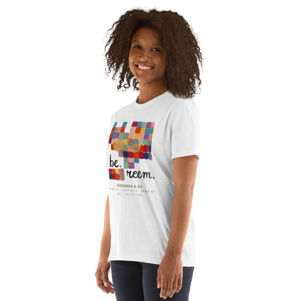 Be Reem Klee CLASSIC unisex white tee featuring a soft style and relaxed fit, shown from the left front angle.