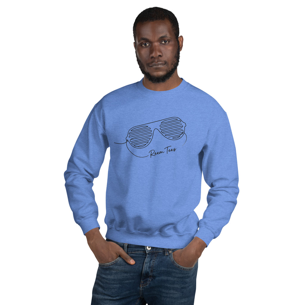Unisex crew neck sweatshirt in heather deep royal featuring classic line art design by Reem Tees.