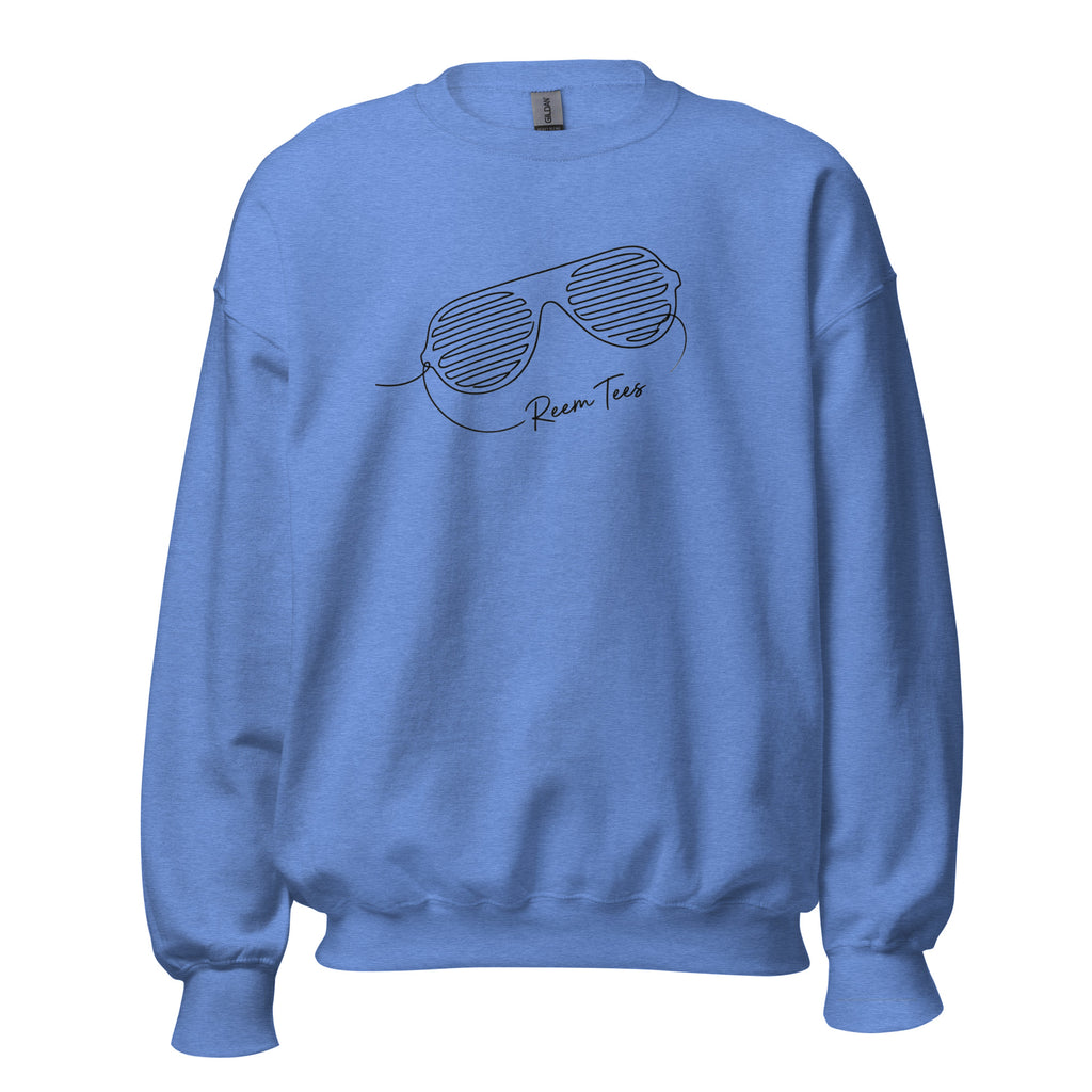 Be Reem unisex crew neck sweatshirt in heather deep royal with classic line art design.