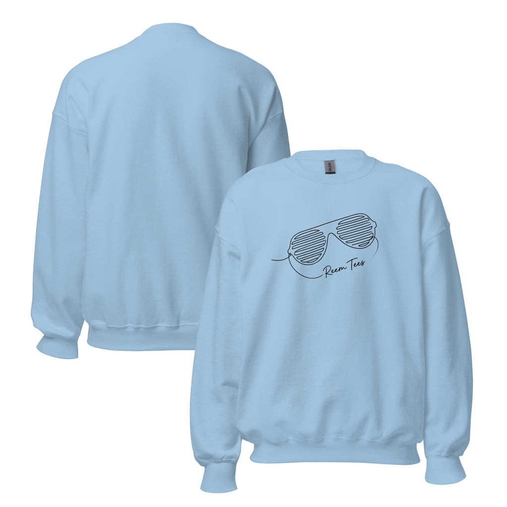 Light blue unisex crew neck sweatshirt featuring Be Reem line art design by Reem Tees, showcased from front and back.