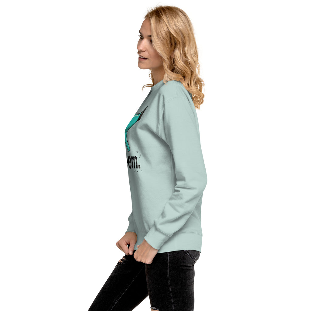 Unisex PREEMIUM sweatshirt in agave color by Reem Tees, featuring a relaxed fit and soft fabric.