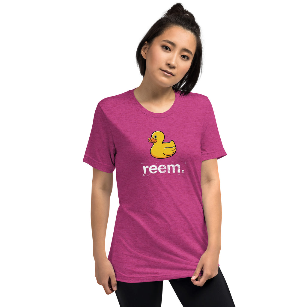 Unisex berry tri-blend t-shirt featuring the Ducks Are Reem light logo by Reem Tees.