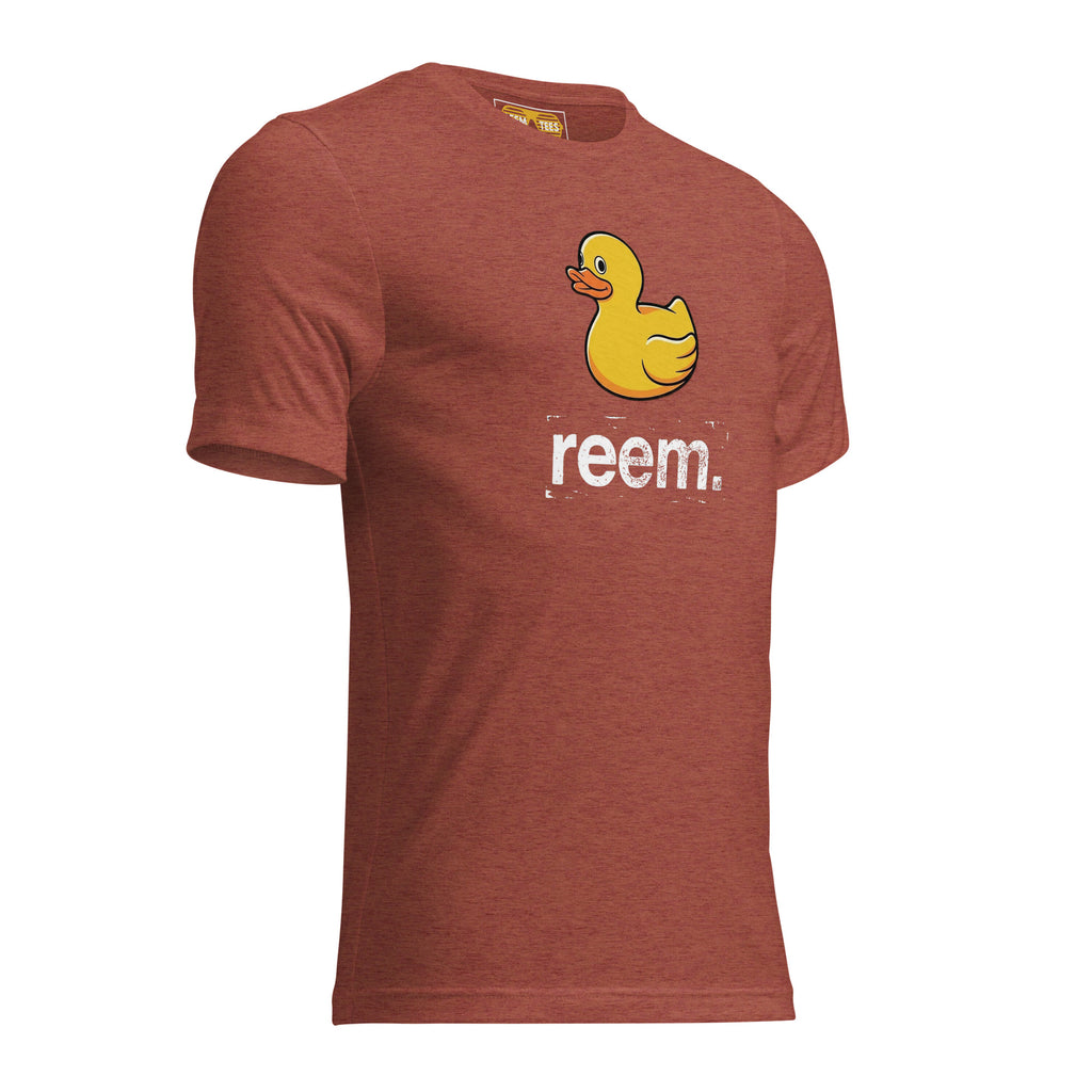 Unisex clay tri-blend t-shirt featuring Ducks Are Reem light logo from Reem Tees, displayed from the right front view.