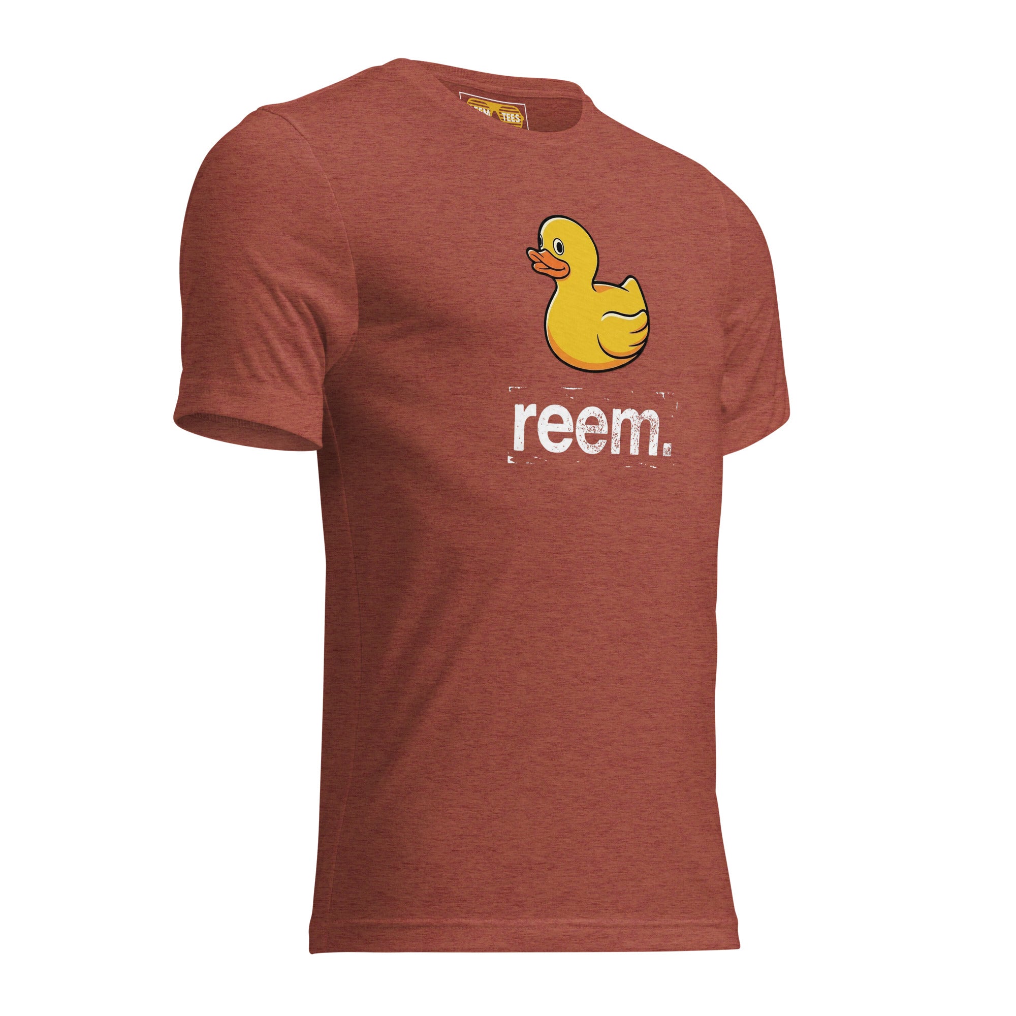 Unisex clay tri-blend t-shirt featuring Ducks Are Reem light logo from Reem Tees, displayed from the right front view.