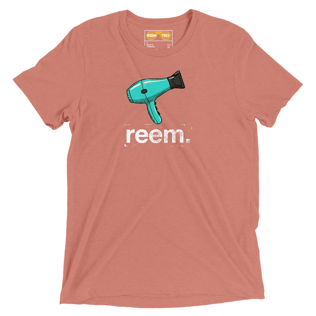 Mauve unisex tri-blend t-shirt featuring the Reem Tees Hairdryers Are Reem Light logo on the front.