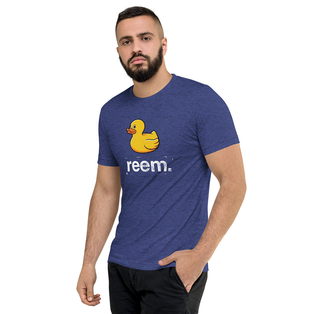 Navy tri-blend unisex t-shirt featuring Ducks Are Reem logo from Reem Tees, displayed from the left front view.