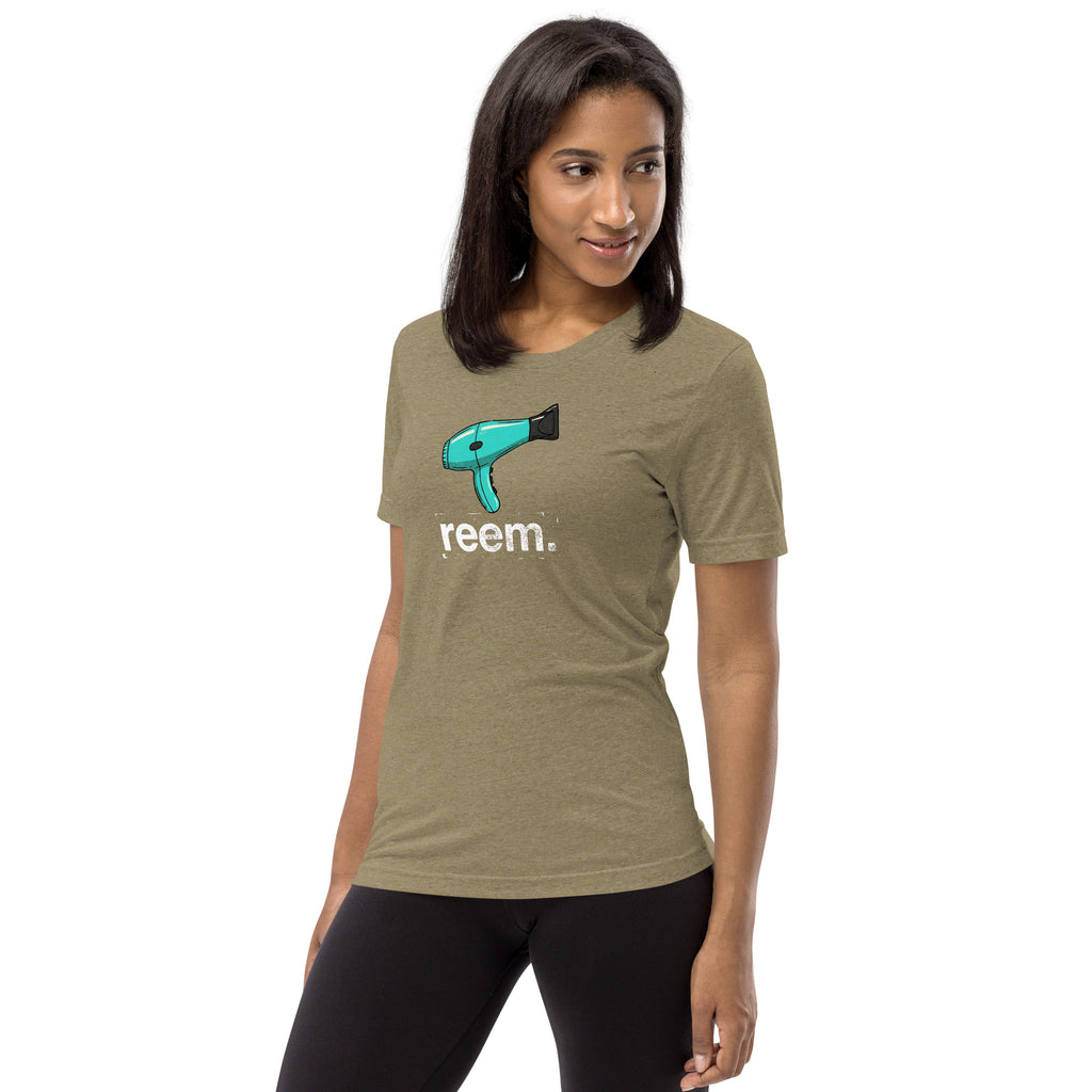 Unisex tri-blend olive tee featuring the Reem Tees logo for the Hairdryers Are Reem collection.