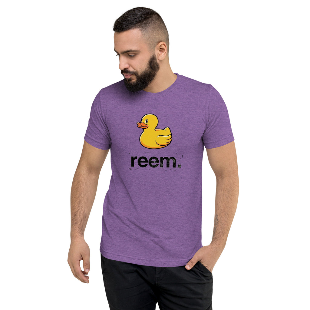 Unisex purple tri-blend t-shirt featuring the Ducks Are Reem dark logo from Reem Tees on the front.