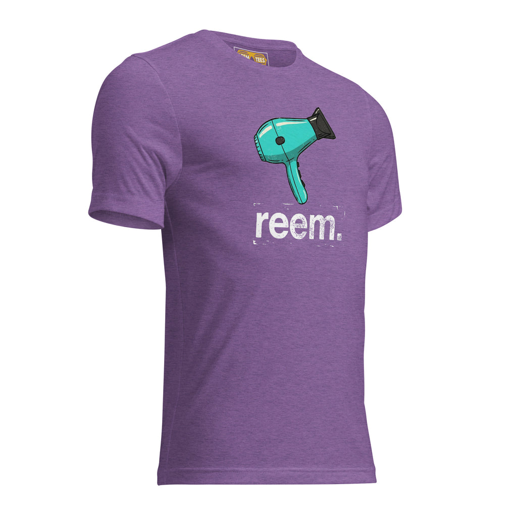 Purple tri-blend unisex t-shirt featuring the Reem Tees logo on the front, showcasing a stylish and comfortable design.