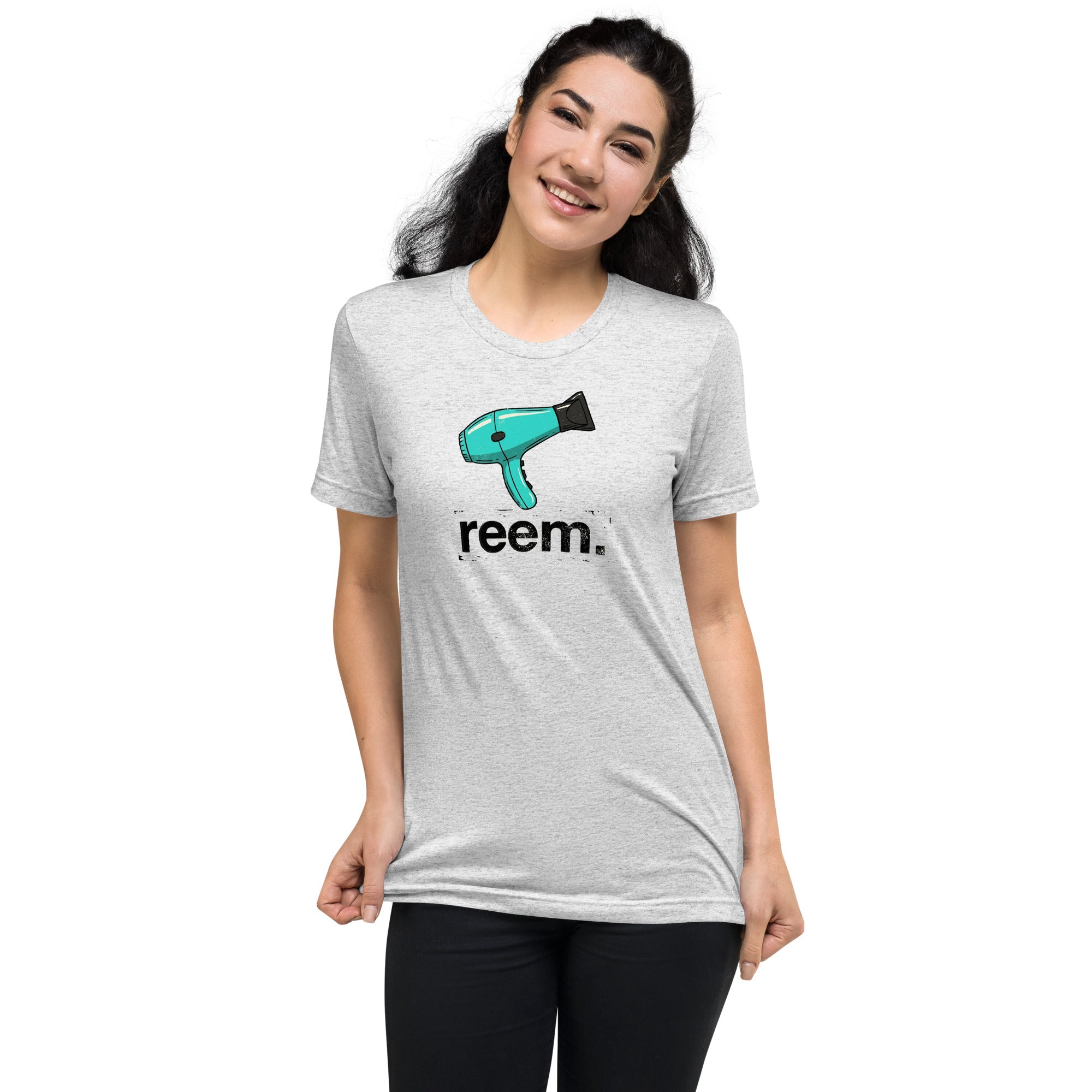 Unisex tri-blend tee in white fleck featuring Reem Dark Logo for Hairdryers Are Reem collection by Reem Tees.